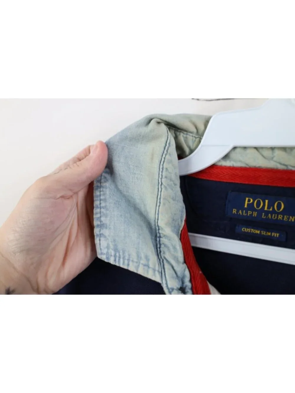 Vintage Ralph Lauren Mens Large Chambray Collar USA Flag Rugby Polo Shirt Blue
